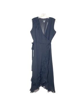 ECI New York Black 100% Silk Sleeveless Wrap Dress Floral Beaded Applique Size 8